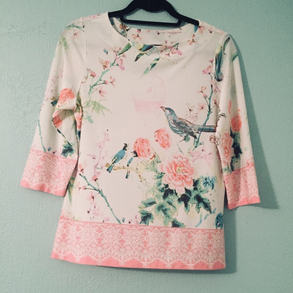 Investments Petites bird print 3/4 sleeve shirt